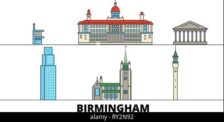 United Kingdom, Birmingham flat landmarks vector illustration. United Kingdom, Birmingham line city with famous travel sights, skyline, design.  Stock Vector