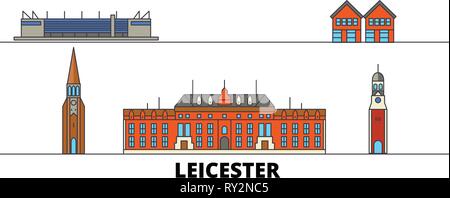 United Kingdom, Leicester flat landmarks vector illustration. United Kingdom, Leicester line city with famous travel sights, skyline, design.  Stock Vector