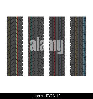 Four different tire tracks with color lines isolated on white background