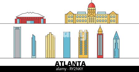 United States, Atlanta flat landmarks vector illustration. United States, Atlanta line city with famous travel sights, skyline, design.  Stock Vector