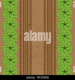 Brown ground grunge background with tire tracks and green bushes