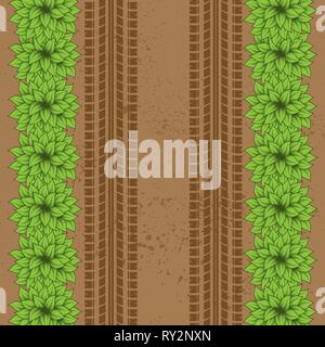 Brown ground grunge background with tire tracks and green bushes Stock Vector