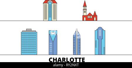 United States, Charlotte flat landmarks vector illustration. United States, Charlotte line city with famous travel sights, skyline, design.  Stock Vector