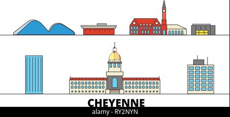 United States, Cheyenne flat landmarks vector illustration. United States, Cheyenne line city with famous travel sights, skyline, design.  Stock Vector