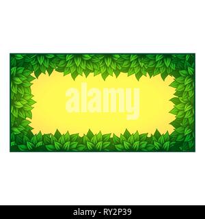 Yellow rectangle frame with green leaves isolated on white background Stock Vector