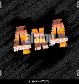 Tire track grunge 4x4 letters isolated on black background Stock Vector