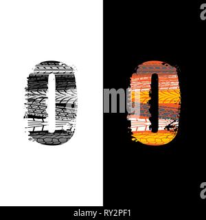 Two grunge number 0 with tire tracks isolated on differennt backgrounds Stock Vector