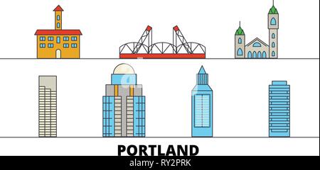 United States, Portland flat landmarks vector illustration. United States, Portland line city with famous travel sights, skyline, design.  Stock Vector