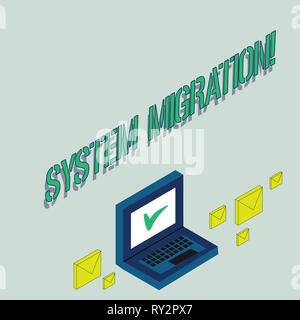 Writing note showing System Migration. Business concept for Moving programs to another platform Stock Photo