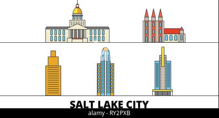 United States, Salt Lake City flat landmarks vector illustration. United States, Salt Lake City line city with famous travel sights, skyline, design.  Stock Vector