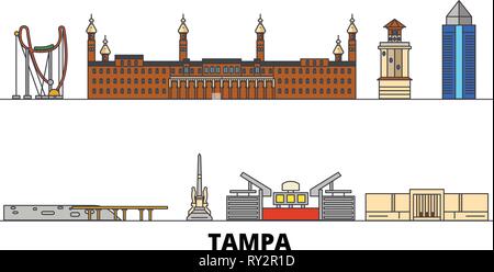 United States, Tampa flat landmarks vector illustration. United States, Tampa line city with famous travel sights, skyline, design.  Stock Vector