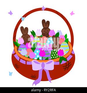 Wicker brown basket with tulips, colorful eggs, chocolate hares. Vector illustration object for cards educational. With a purple bow and butterflies Stock Vector