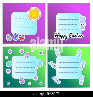 Card Templates Set Vector Happy Easter with stickers eggs, bunnies, flowers. Illustration for greeting cards and invitations. Green and purple colors Stock Vector