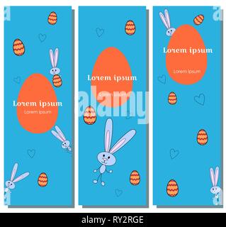 Set illustration for happy easter banner character gray hare. Vector rabbits and red eggs with ornament on a blue background. Orange big egg place for Stock Vector