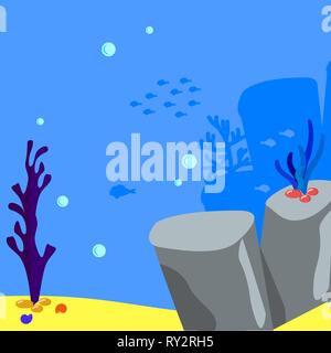Game vector Underwater background cartoon illustration of rocks and seaweed on the sandy bottom. Bubbles water and silhouette fish, algae and coral Stock Vector