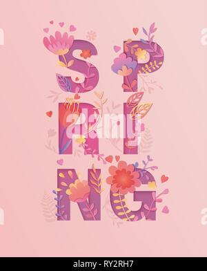 Spring card, papercut style. Beautiful flowers and leaves grow up in the word on pink background.Vertical Vector illustration for new season. For desi Stock Vector