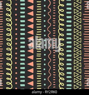 Modern abstract Doodle background. Seamless vector pattern. Ethnic and tribal style background coral pink, yellow, blue, black. Hand drawn vertical Stock Vector