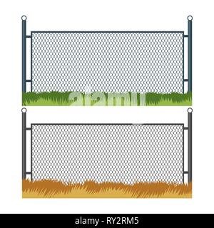 Fence and grass. Metal country fences background, vector gardening horizontal fencing with grass Stock Vector