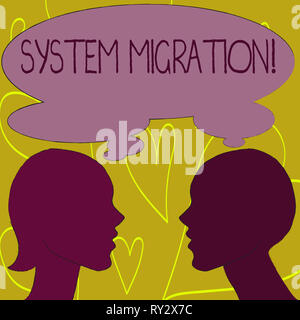 Writing note showing System Migration. Business concept for Moving programs to another platform Stock Photo