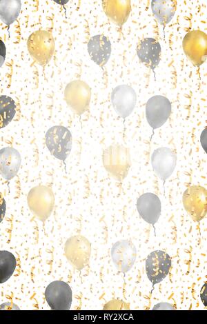 Luxury vertical background with bright golden serpentine, confetti and balloons on white Stock Vector