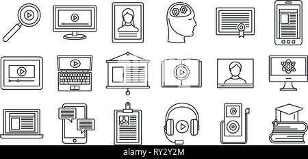 Interactive learning icons set. Outline set of interactive learning ...
