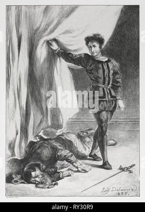 Hamlet:  Hamlet and the Corpse of Polonius, 1835. Eugène Delacroix (French, 1798-1863). Lithograph Stock Photo
