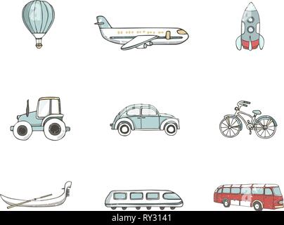 Transport 8 icons. Trasportation Vintage Flat color Concept. Airplane, car, bike. Hand drawn illustration, grunge style texture clip art on white Stock Vector