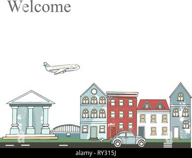 Urban landscape. Modern buildings and suburb with private houses. Flat city. Hand drawn clip art Design style modern vector illustration concept Stock Vector