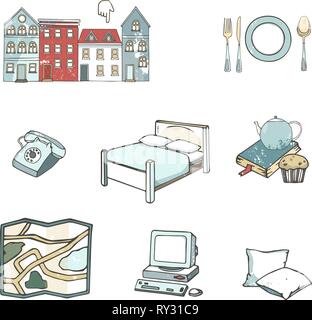 Abstract icons set of planning a vacation, traveling on holiday journey, and passenger luggage. Unusual flat design line icons set hand drawn clip art Stock Vector