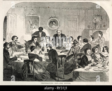 Thanksgiving Day - The Dinner, 1858. Winslow Homer (American, 1836-1910). Wood engraving Stock Photo