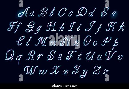 Neon tube hand drawn alphabet font. Type letters on a dark background. Vector typeface for labels, titles, posters etc. Stock Vector