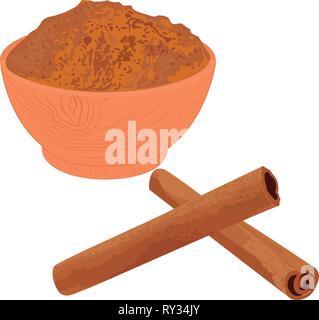 Cinnamon sticks and powder in a bowl spice vector illustration on a white background Stock Vector