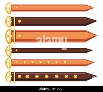 Set of belt leather and metal elements. Chain and braided design. Flat vector illustration on white background. Strap for belt or hand watches. Stock Vector