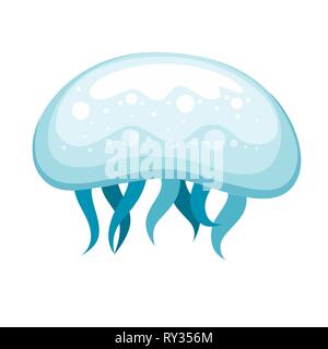 Sea blue jellyfish. Tropical underwater animal. Medusa aquatic organism, cartoon style design. Flat vector illustration isolated on white background. Stock Vector