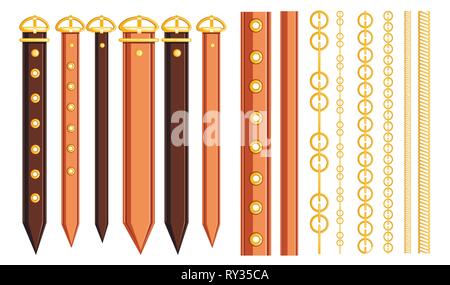 Set of belt leather and metal elements. Chain and braided design. Flat vector illustration on white background. Strap for belt or hand watches. Stock Vector
