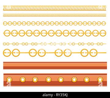 Set of belt leather and metal elements. Chain and braided design. Flat vector illustration on white background. Strap for belt or hand watches. Stock Vector