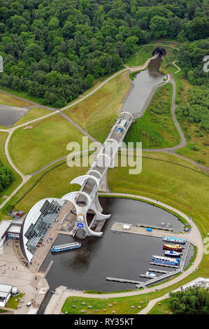 Aerial view of the Falkirk Wheel which connects the Forth & Clyde canal with the Union canal near Falkirk Scotland. Stock Photo