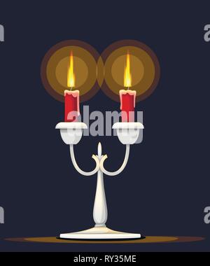 Silver candelabrum with burning red candle. Flat vector illustration on dark blue background. Home decor furniture. Candelabra with two branches. Stock Vector