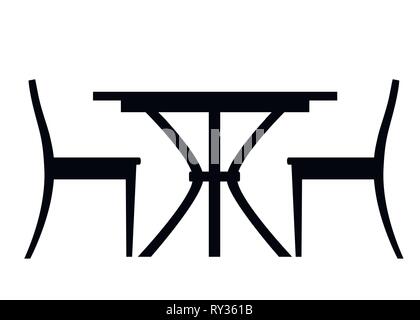 Black silhouette. Restaurant and cafe wooden table and two chairs. Flat vector illustration isolated on white background. Stock Vector