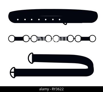 Black silhouette. Brown leather belts with brass buckles. Flat vector illustration isolated on white background. Stock Vector