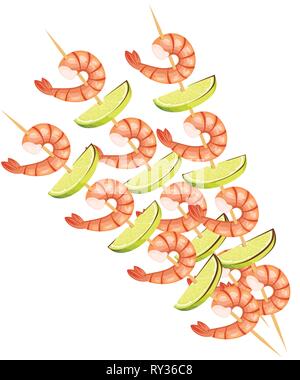 Grilled shrimps on wooden stick with lime. Shrimp kebab. Flat vector illustration isolated on white background. Stock Vector