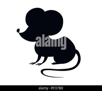 Black silhouette. Grey forest mouse. Wood mouse cartoon style design. Flat vector illustration isolated on white background. Forest inhabitant. Stock Vector