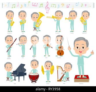 A set of patient old man on classical music performances.There are actions to play various instruments such as string instruments and wind instruments Stock Vector