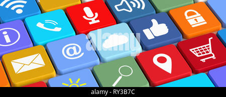 Tech symbols computer key buttons. WiFi, shopping cart, thumb up, email, search, lock, location pointer, cloud on a computer keyboard, banner. 3d illu Stock Photo