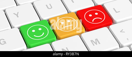 Rating, feedback concept. Key buttons with emoticons on a computer keyboard, banner. 3d illustration Stock Photo