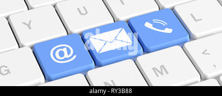 Contact us concept. Blue keys buttons with mail and phone signs on a computer keyboard, banner. 3d illustration Stock Photo