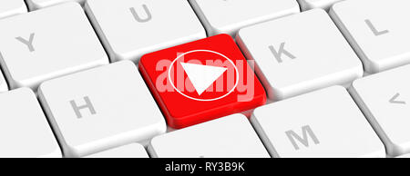 Play video concept. Red key button with a play arrow sign on a computer keyboard, banner. 3d illustration Stock Photo