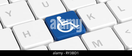 Disability, handicapped concept. Blue key button with wheelchair sign on a computer keyboard, banner. 3d illustration Stock Photo