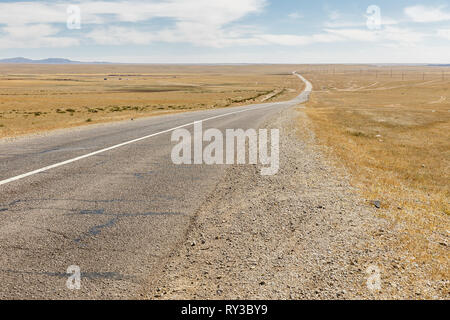 asphalt road Sayshand-Choir in Mongolia, beautiful landscape, Gobi Desert Stock Photo