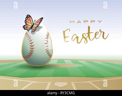 Happy Easter. Easter egg in the form of a baseball ball with Butterfly. Vector illustration. Stock Vector